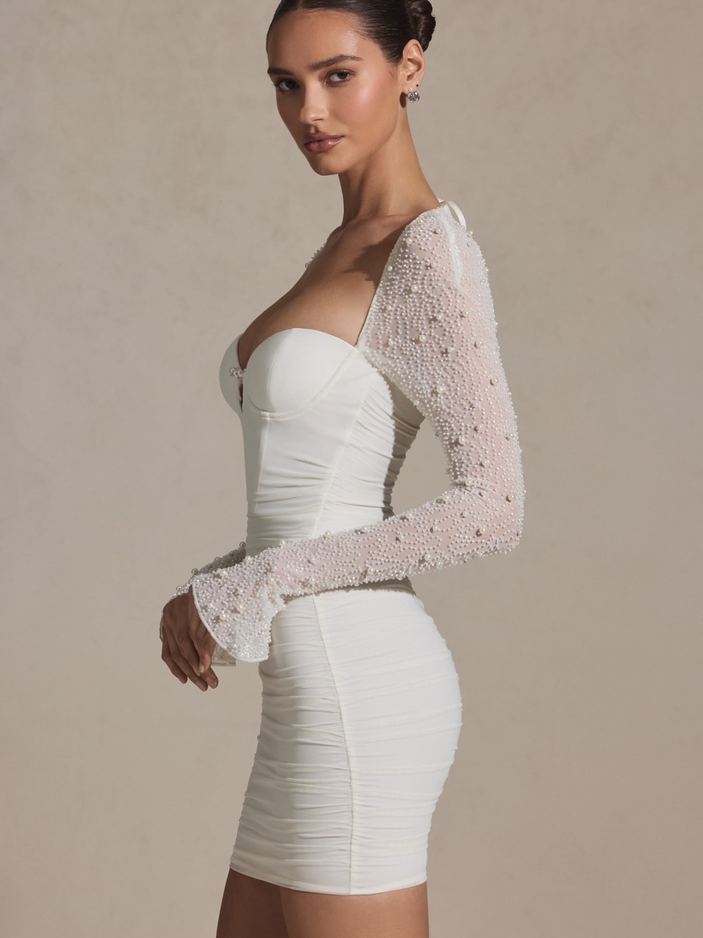 Elegant White Beaded Sleeve Bodycon Mini Dress